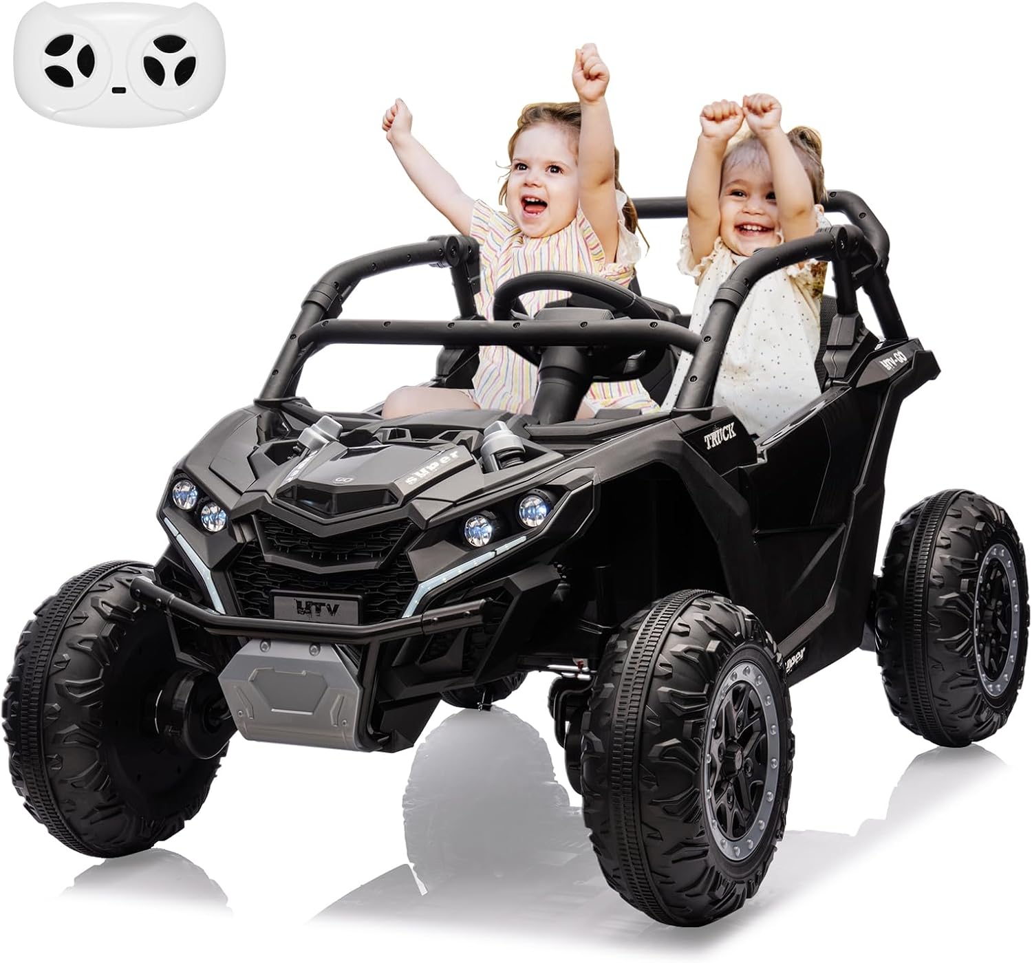 Huloretions 24V Ride on Car for Kids, 2 Seater Electric Off-Road UTV Truck with Remote Control, 4-Wheel Suspension, Kids Ride on Car w/Forward \u0026 Reverse Functions, LED Lights, Ideal Kids Car Gift